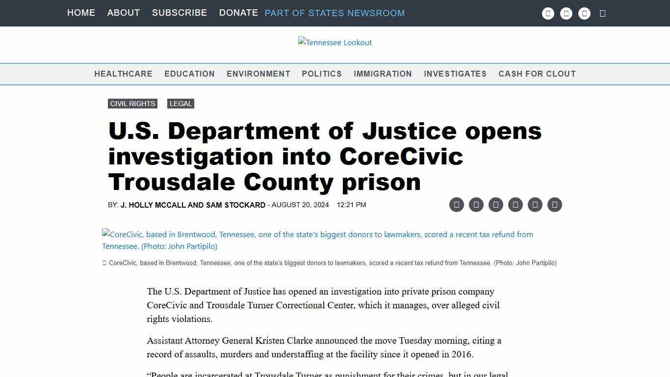 U.S. Department of Justice opens investigation into CoreCivic Trousdale County prison • Tennessee Lookout