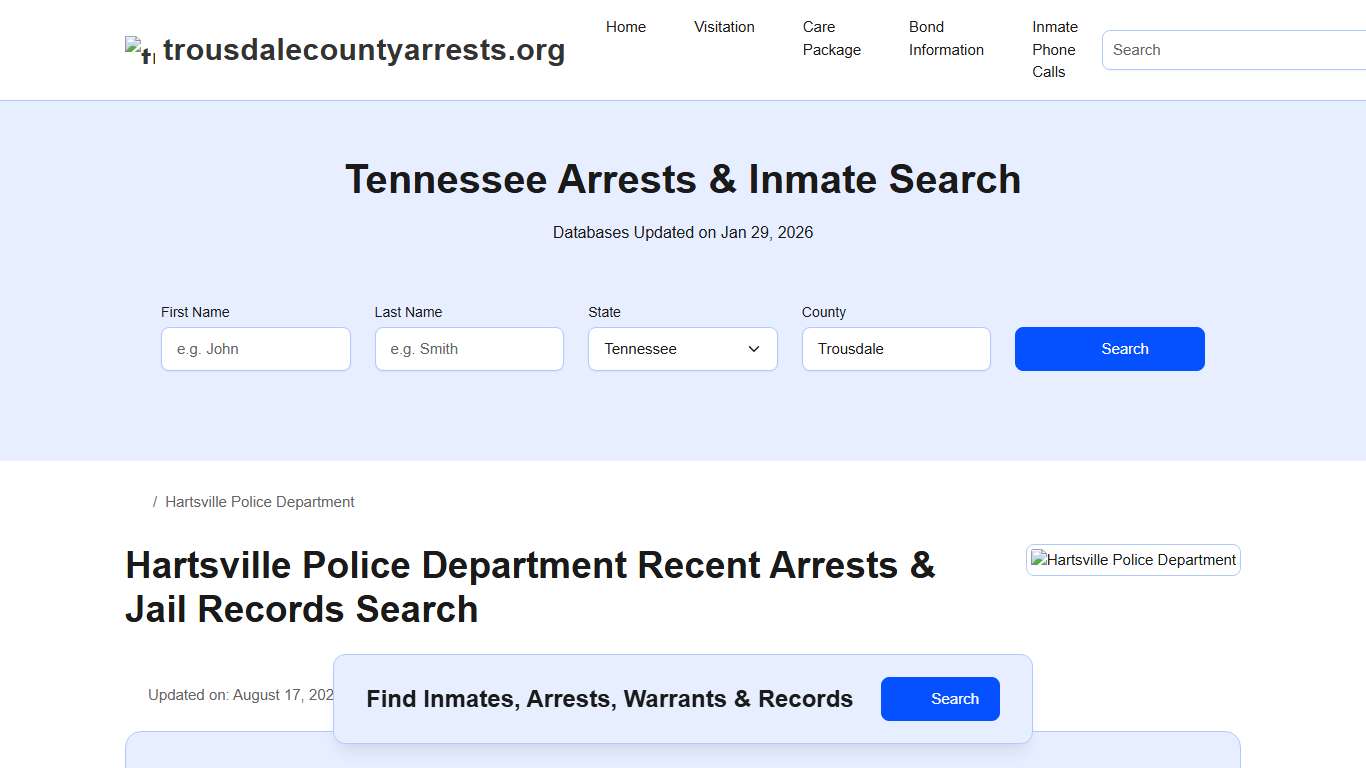 Hartsville Police Department, TN Arrests, Records, Jail Roster Lookup